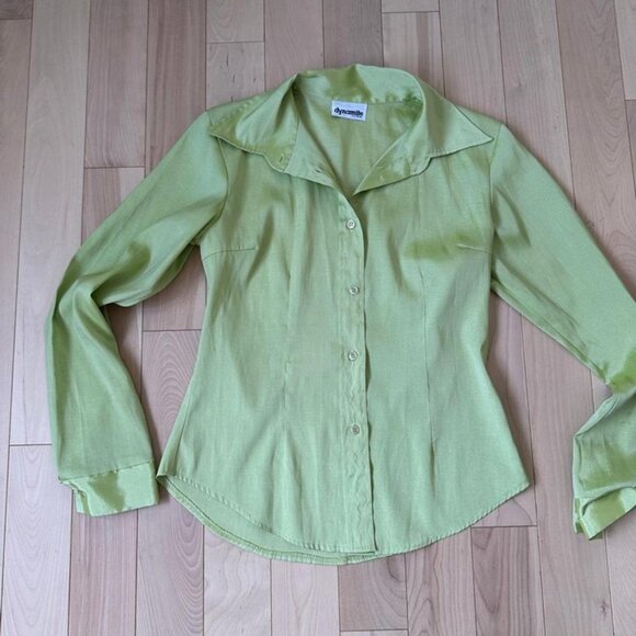 Vintage 90s Dynamite Lime Green Satin Shirt – Fitted Shimmery Button-Up (Size S) - Picture 2 of 8